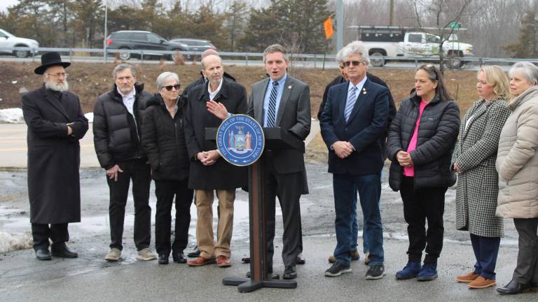 Sem. James Skoufis, joined by state and local politicians announces efforts to alleviate congestion at a busy Monroe-Woodbury intersection.